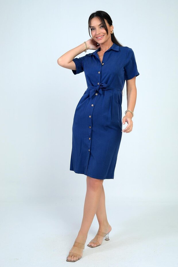 Women's Front Tie Pocketed Button Front Lined Short Lyocell Dress