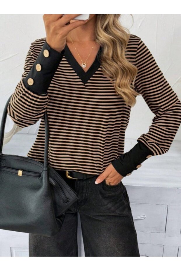 Women's Long Sleeve V-Neck Patterned Single Jersey Blouse