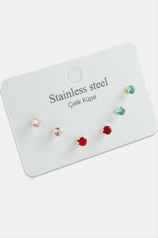 6 Pcs Round Colorful Zircon Single Stone Steel Earrings