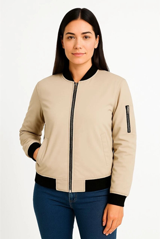 Lined zipper bomber jacket - beige - 4