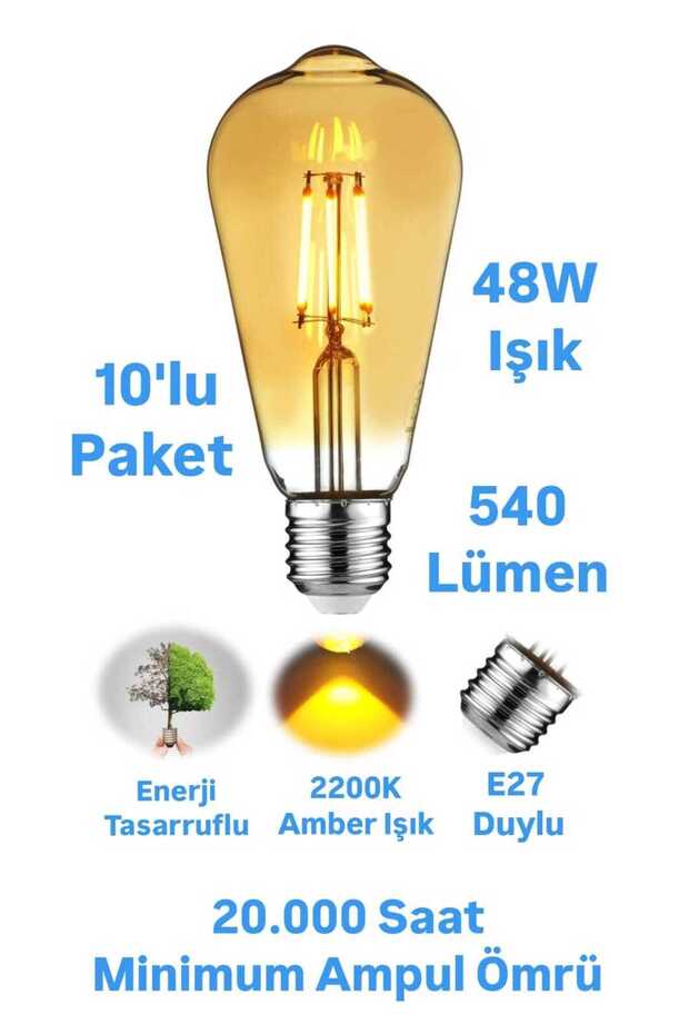 10 Adet 6W Amber Rustik Ampul ST64 Flaman Ampul 540 Lümen Edison Ampul - 1