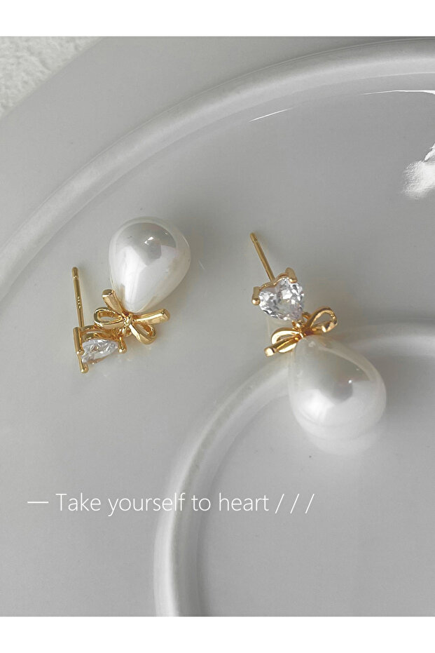 Gold Faux Pearl Bow Drop Earrings