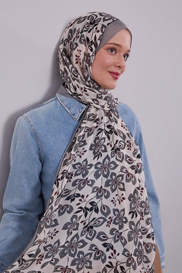 Gray Floral Patterned Vivian Shawl