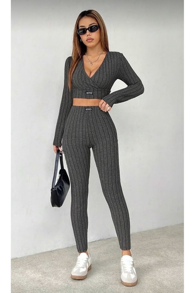 Women's Light Anthracite Ribbed V-Neck Crop Top and High Waist Leggings Set