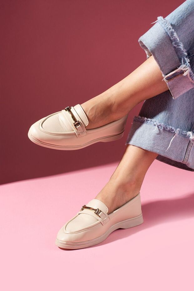 Marquise Beige Leather Buckle Loafer Ballet Casual Shoes
