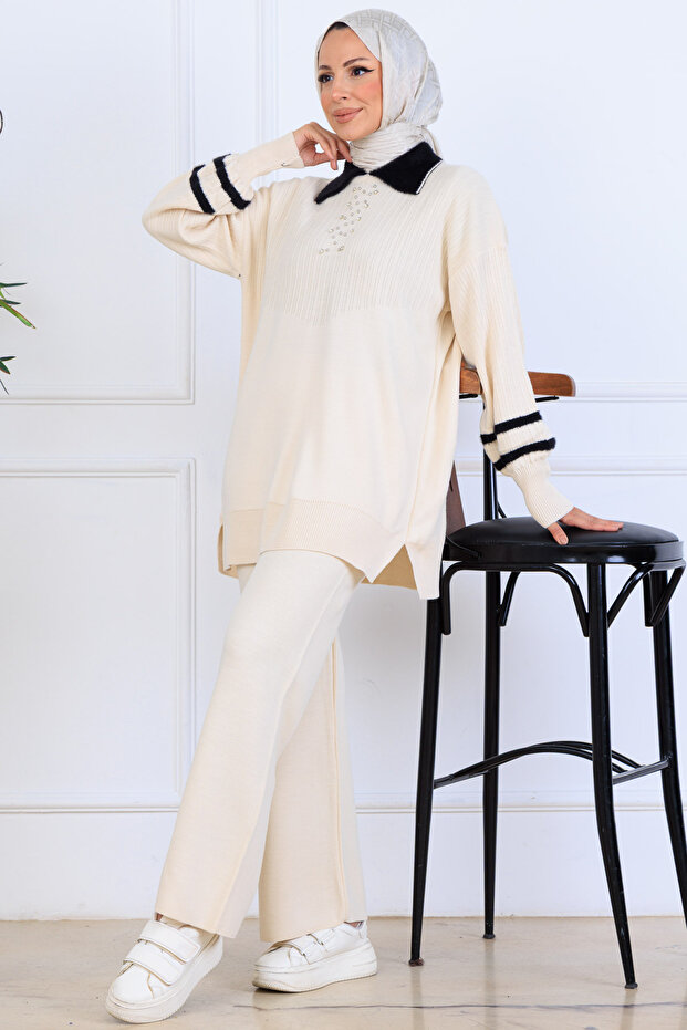Stone Embroidered Knitwear Set S1009 Stone Color