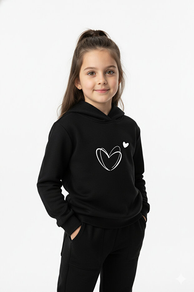 Kalp Printed Premium Children's Hooded Premium Compact Sweatshirt Tracksuit with Pockets and Drawstring