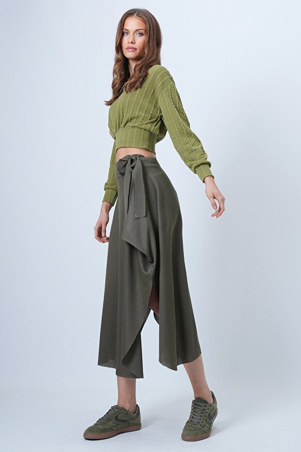 Alaçati Style Women's Khaki Asymmetrical Cut Self-Textured Tie-Up Skirt Vs01385