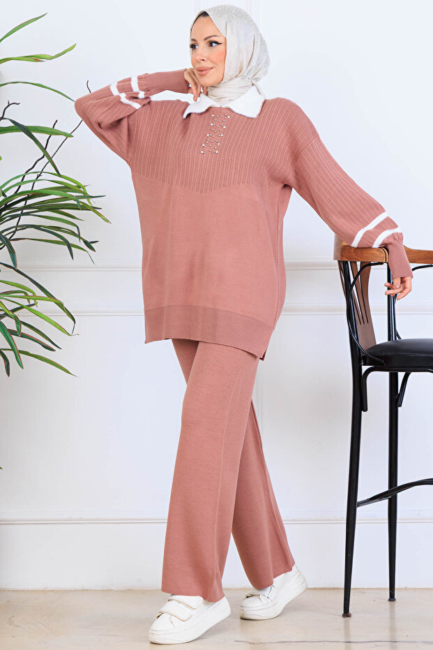 Taş İşlemeli Triko Takım S1009 Gül - 2