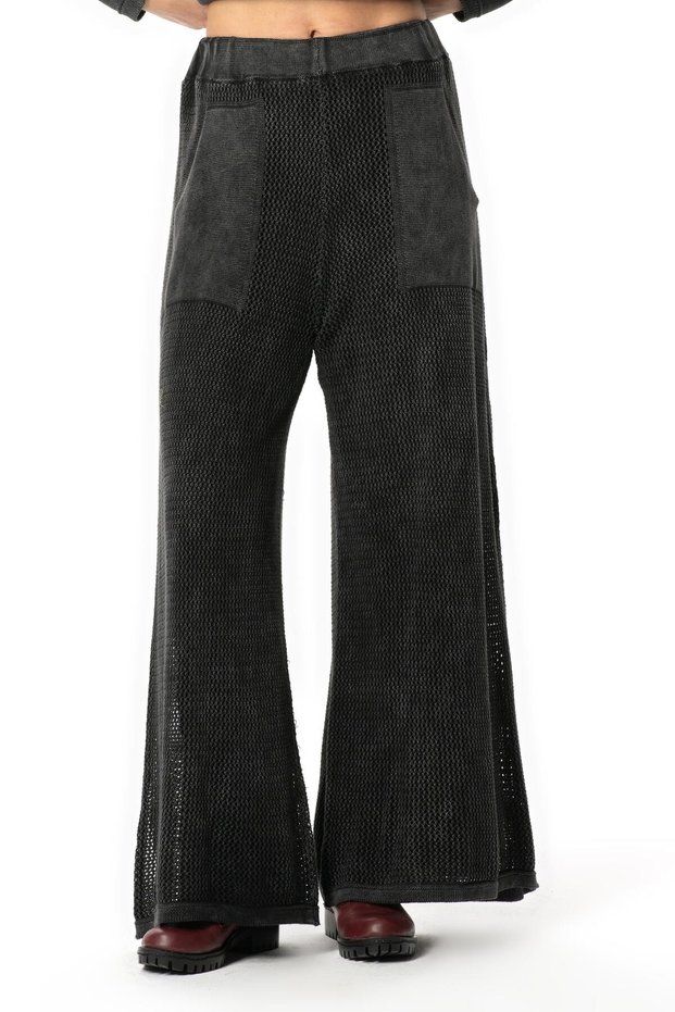 File Detailed Wide Leg Elastic Waist Long Autumn and Winter Pocketed Knitwear Trousers Smoked Fm