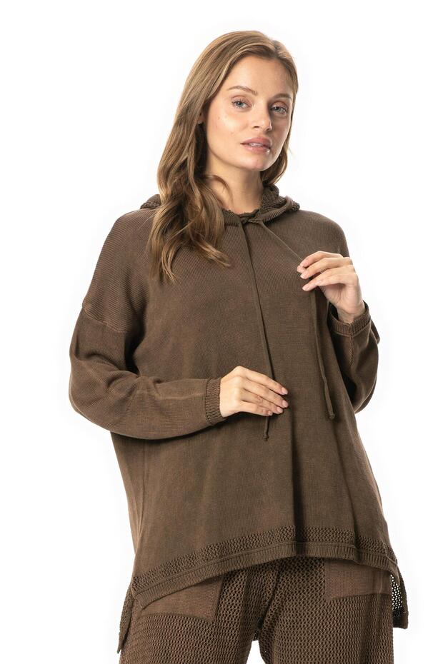 Long Sleeve Hooded Mesh Autumn and Winter Knitwear Blouse Coffee Khv