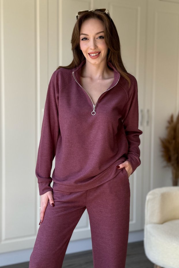 Zippered Stand Collar Thessaloniki Fabric Plum Sweatshirt Set