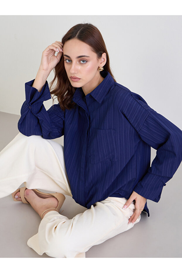 Textured Oversized Shirt with Button Cuff Sleeve