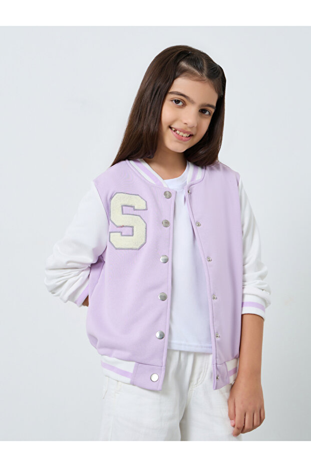 Lilac Color Block Applique Detail Bomber Jacket