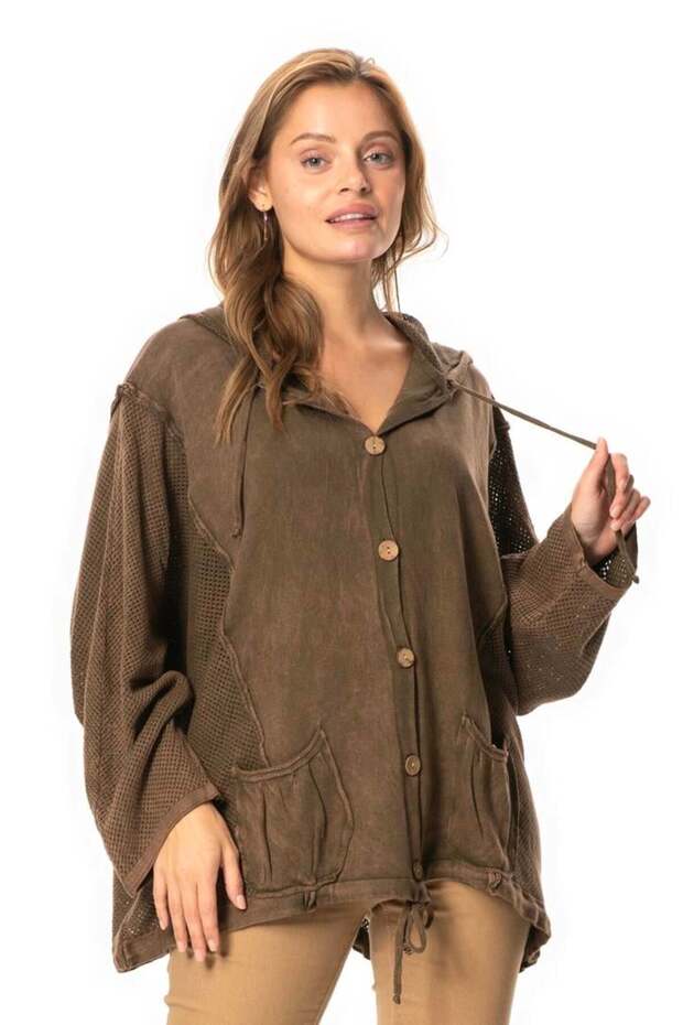 Long Sleeve Ceren Mesh Button Detailed Double Pocket Winter Hooded Knitwear Blouse Brown Khv