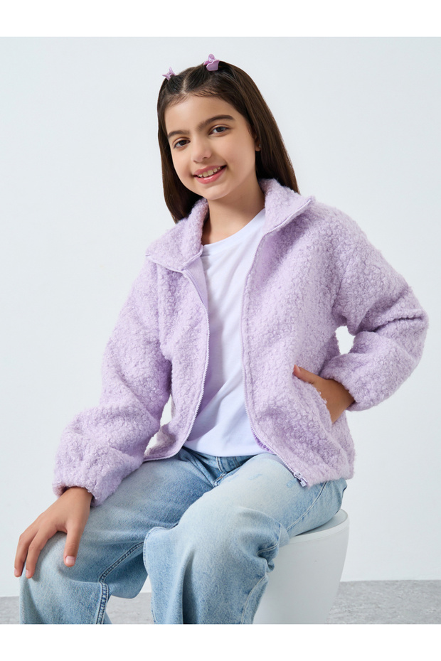 Teens Lilac Furry Jacket with Collar