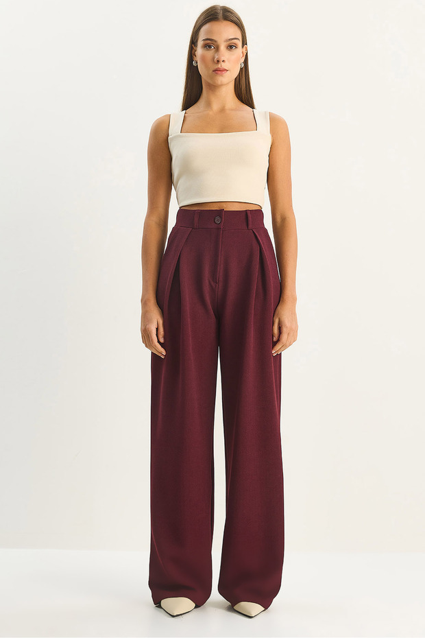 Kadın Yüksek Bel Dökümlü Cep Detaylı Piliseli Pantolon 1012 60283578 - 1