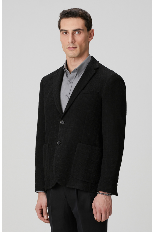 Siyah Yün Karışımlı Örme Ceket - 4