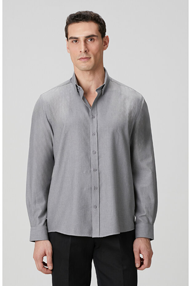Gri Yün Karışımlı Gömlek - 1