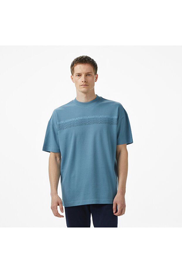 Erkek Oversize Fit Bisiklet Yaka Baskılı Mavi T-Shirt - 1