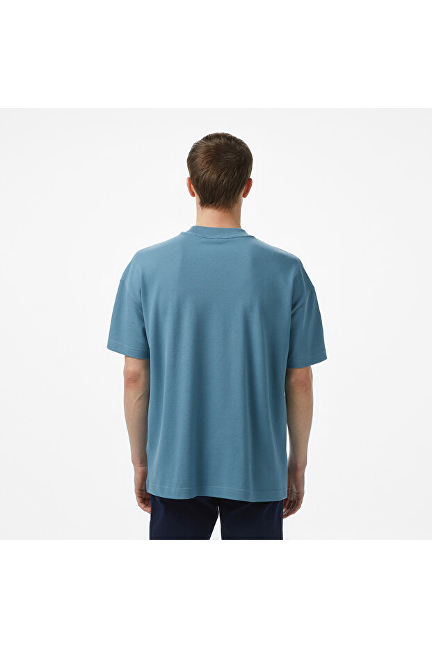 Erkek Oversize Fit Bisiklet Yaka Baskılı Mavi T-Shirt - 3