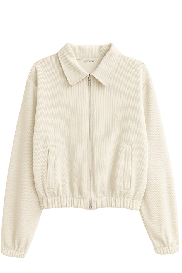 4764 Kadın Basic Fermuarlı Fitilli Örme Selanik Ceket Taş - 1