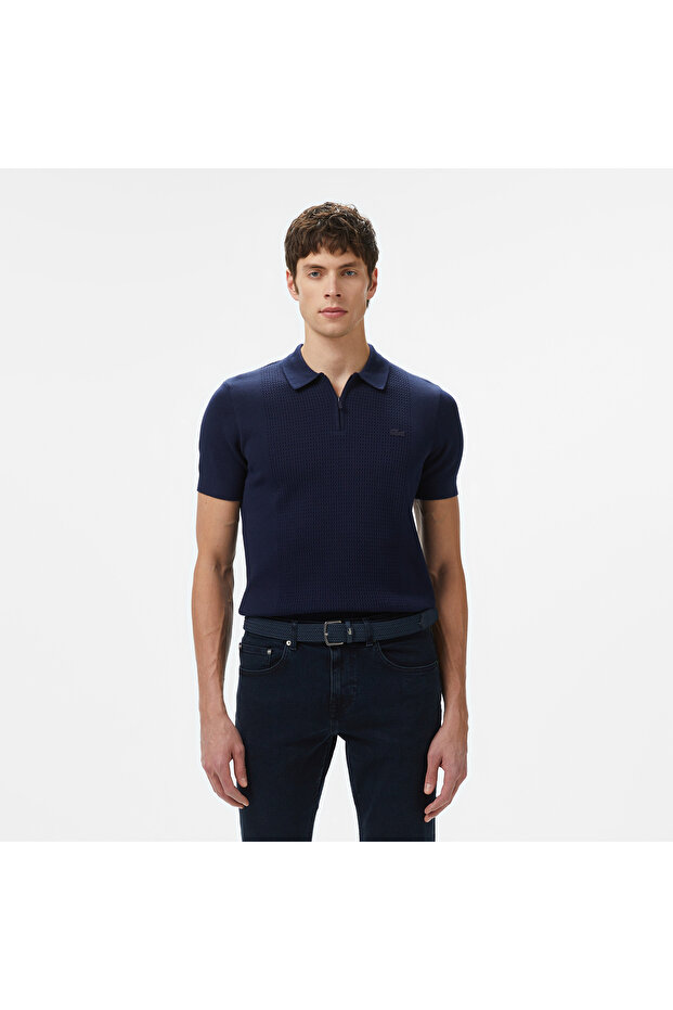 Erkek Kısa Kollu Yarım Fermuarlı Lacivert Triko - 1