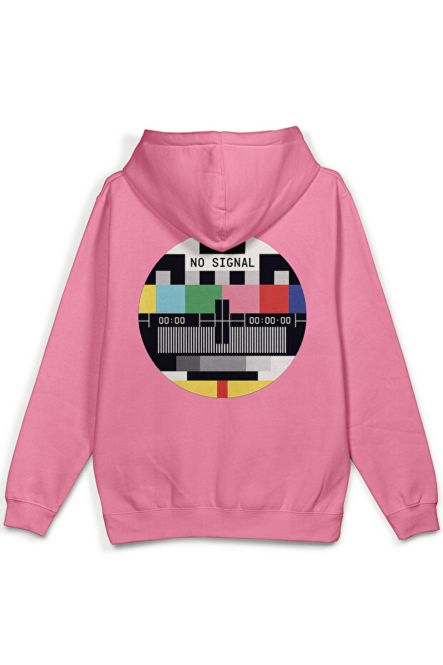 No Signal Sırt Printed Hooded Yarı Oversized Sweatshirt Pink Hoodie 1396