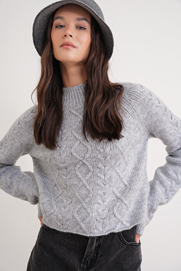 6855 Women's Stand Collar Braided Knit Sweater Gray