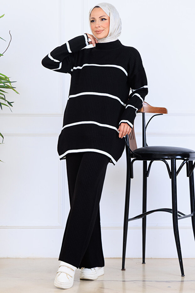 Ribbed Striped Knitwear Set H25301 Black