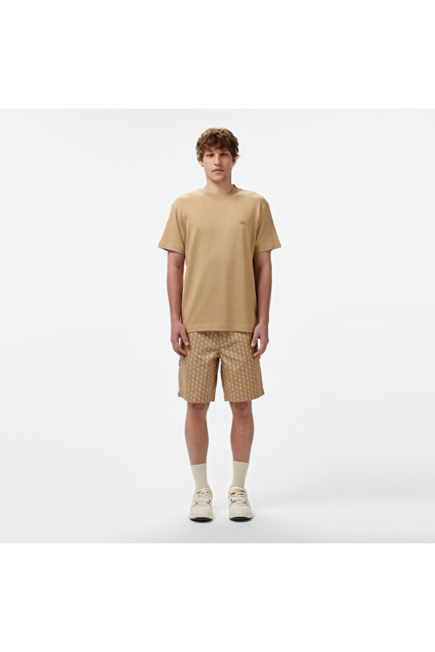 Erkek Loose Fit Monogram Bej Bermuda Şort - 1