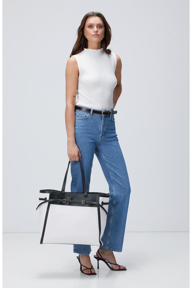 Bej Siyah Kadın Deri Çanta - 2