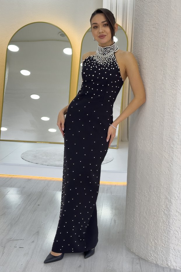 Women's Pearl Halter Neck Evening Dress Black,Powder,White,Baby Blue