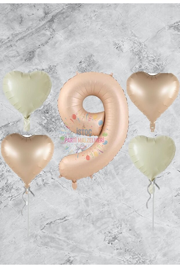 Sand Beige Number Heart Foil Balloon Set Age 9