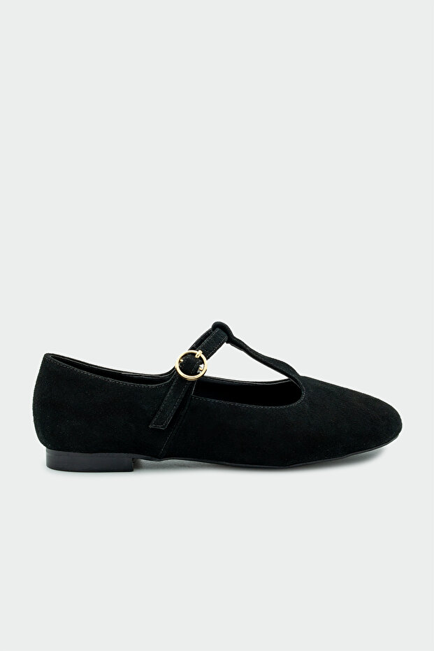 Judi Black Suede Stripe Detailed Women's Ballerinas