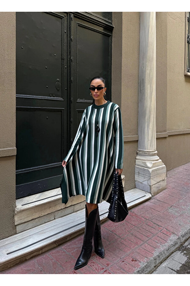 Crew Neck Stripe Patterned Knitwear Dress