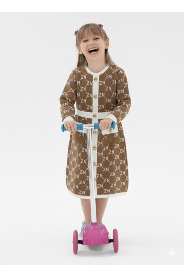 Children's Knitwear Dress with Letter Pattern, Soft Texture, Buttoned Pocket Detail, Ages 10-16 - Beige