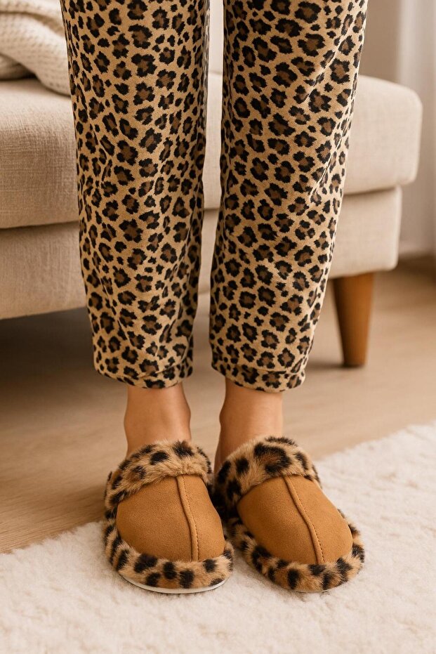 شباشب منزلية شتوية صامتة منقوشة بنقشة الفهد - 2