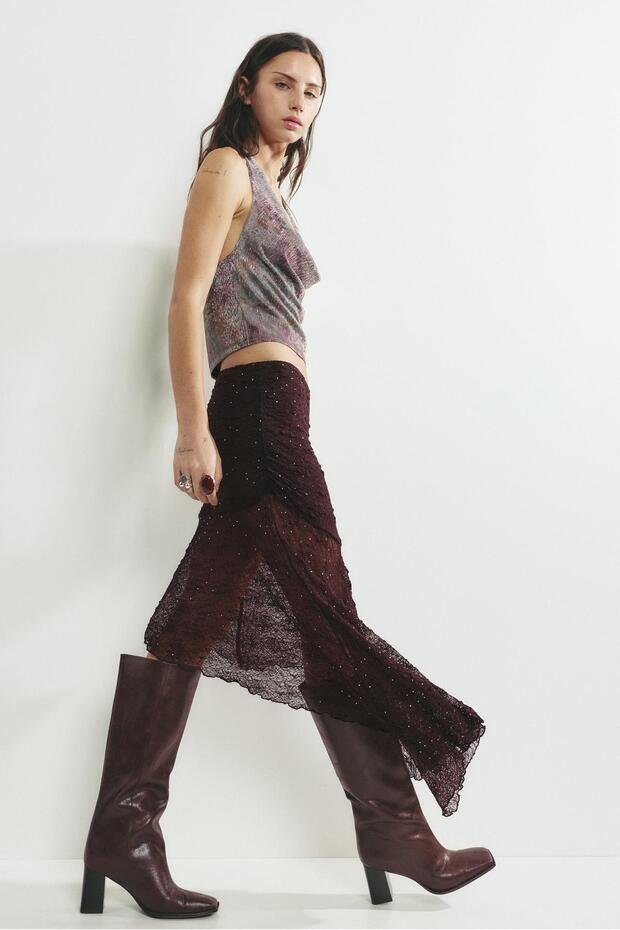 Asimetrik taşlı dantel etek - 1