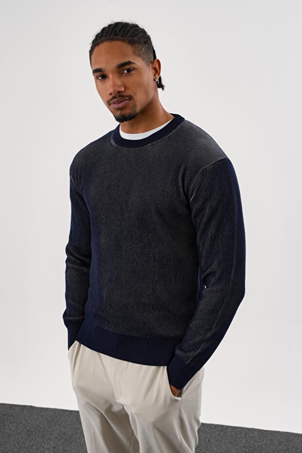 Men's Regular Fit Vanize Knitted Cotton Crew Neck Navy Blue Knitwear Sweater
