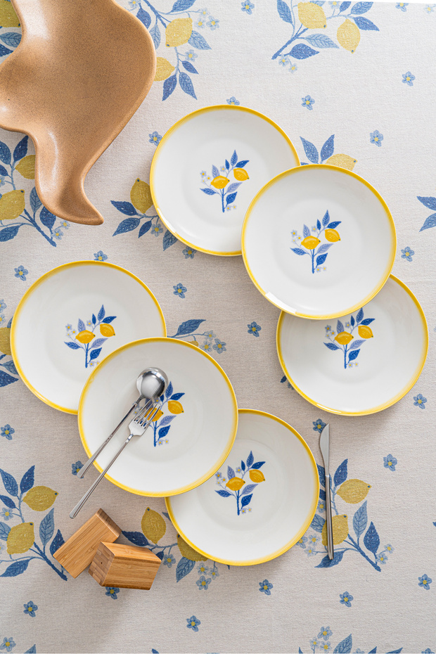6-Piece Lemon Patterned Premium Porcelain Serving Plate | Lemon Themed Modern Presentation Plate Set 25 cm