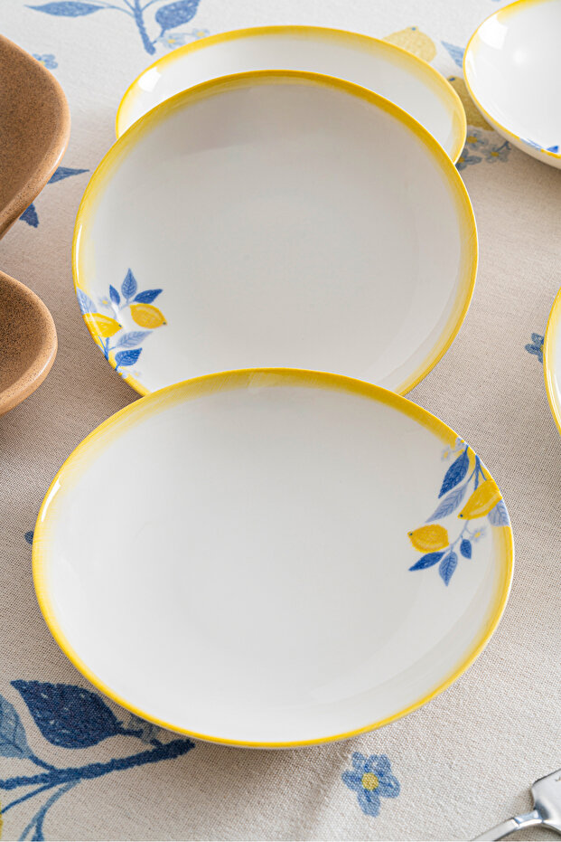 6-Piece Lemon Patterned Premium Porcelain Dinner Plate Set | Mediterranean Themed Presentation Plate & Dowry Set 20 cm
