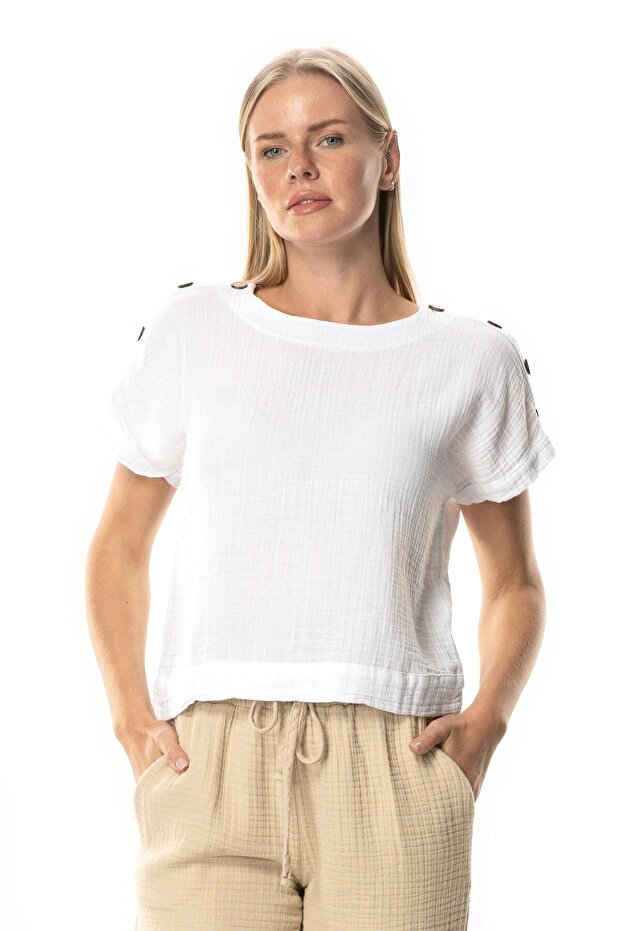 Short Sleeve Serap Crew Neck Muslin Summer Blouse White Byz