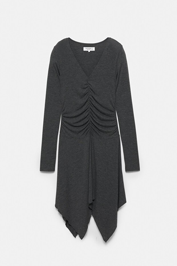 Asimetrik büzgülü midi elbise - 6