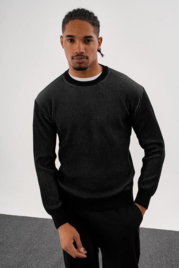 Men's Regular Fit Vanize Knitted Cotton Crew Neck Black Knitwear Sweater