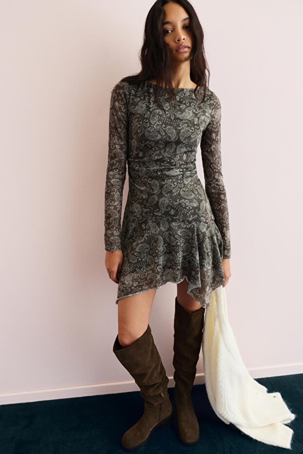 Asimetrik kısa paisley elbise - 1
