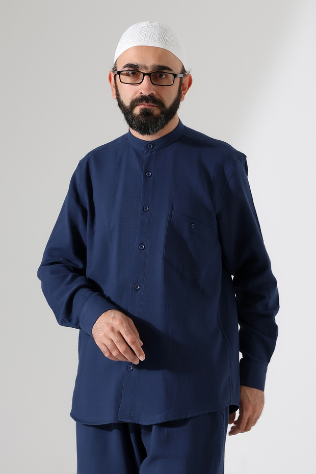 Men's Muslin Judge Collar Long Sleeve Buttoned Hajj Umrah Shirt - Navy Blue (Ans)