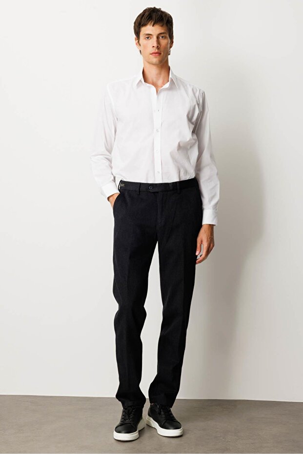 Men's Elastic Waist Side Pocket Cotton Trousers Navy Blue