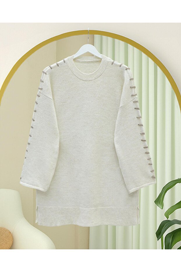 Striped Soft Knit Tunic with Drawstring Sleeves