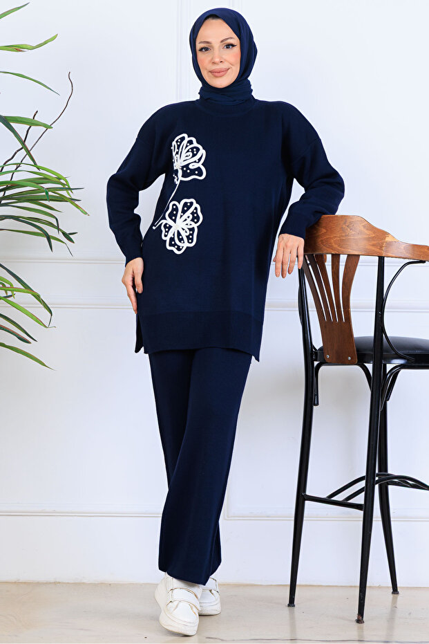 Embroidery Detailed Knitwear Set S1120 Navy Blue